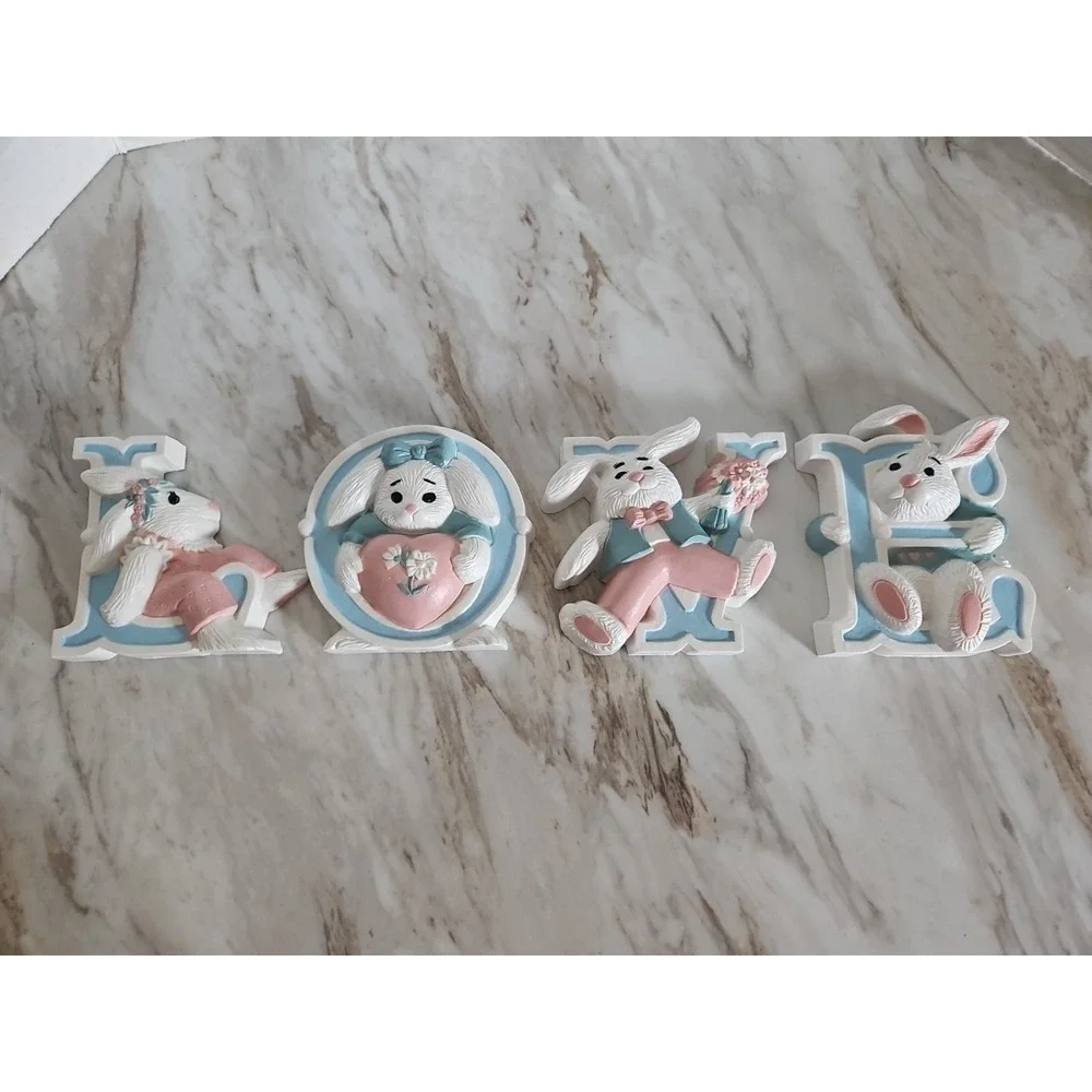 Vintage Burwood Love Bunnies Wall Plaques Shelf Sitters 1992 USA Easter Rabbits